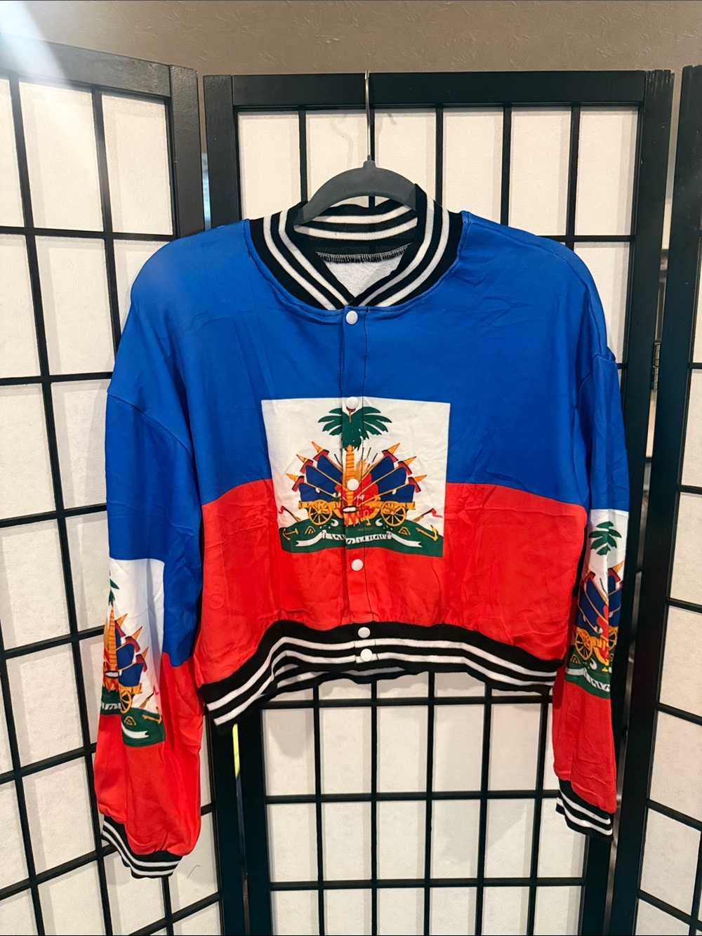 Bold Blue and Red Satin Varsity Jacket with Crest Detail
